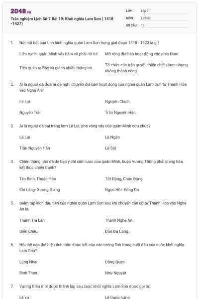 Trắc nghiệm Lịch Sử 7 Bài 19: Khởi nghĩa Lam Sơn ( 1418 -1427)