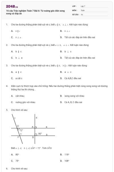 16 câu Trắc nghiệm Toán 7 Bài 6: Từ vuông góc đến song song có đáp án