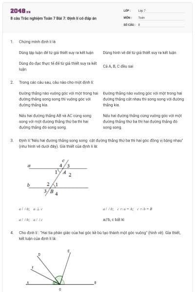 8 câu Trắc nghiệm Toán 7 Bài 7: Định lí có đáp án