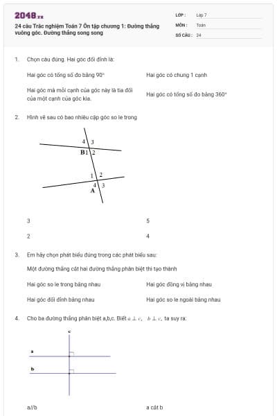 24 câu Trắc nghiệm Toán 7 Ôn tập chương 1: Đường thẳng vuông góc. Đường thẳng song song