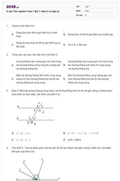 8 câu Trắc nghiệm Toán 7 Bài 7: Định lí có đáp án