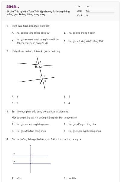 24 câu Trắc nghiệm Toán 7 Ôn tập chương 1: Đường thẳng vuông góc. Đường thẳng song song
