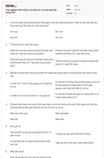 Trắc nghiệm Sinh 9 Bài 2 (có đáp án): Lai một cặp tính trạng (P3)