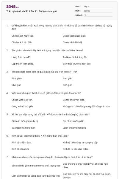 Trắc nghiệm Lịch Sử 7 Bài 21: Ôn tập chương 4