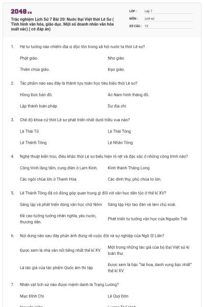 Trắc nghiệm Lịch Sử 7 Bài 20: Nước Đại Việt thời Lê Sơ ( Tình hình văn hóa, giáo dục. Một số doanh nhân văn hóa xuất sắc) ( có đáp án)