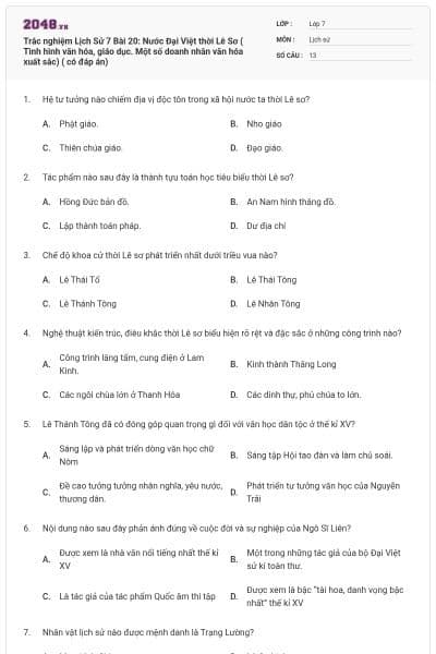 Trắc nghiệm Lịch Sử 7 Bài 20: Nước Đại Việt thời Lê Sơ ( Tình hình văn hóa, giáo dục. Một số doanh nhân văn hóa xuất sắc) ( có đáp án)