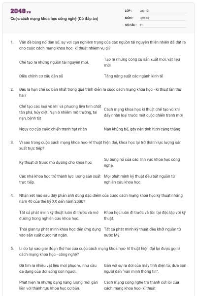 Cuộc cách mạng khoa học công nghệ (Có đáp án)