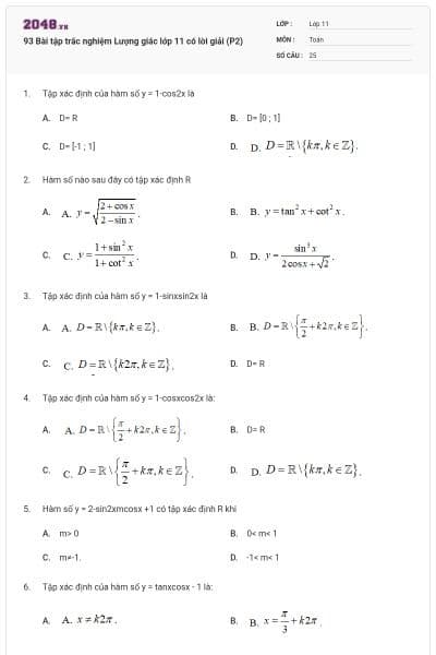 93 Bài tập trắc nghiệm Lượng giác lớp 11 có lời giải (P2)