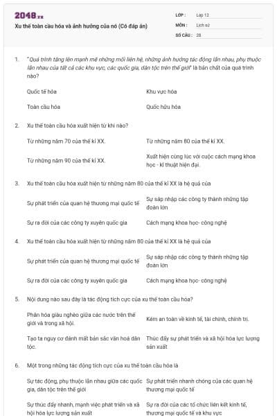 Xu thế toàn cầu hóa và ảnh hưởng của nó (Có đáp án)