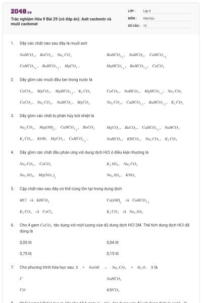 Trắc nghiệm Hóa 9 Bài 29 (có đáp án): Axit cacbonic và muối cacbonat