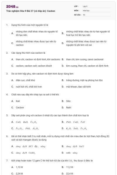 Trắc nghiệm Hóa 9 Bài 27 (có đáp án): Cacbon