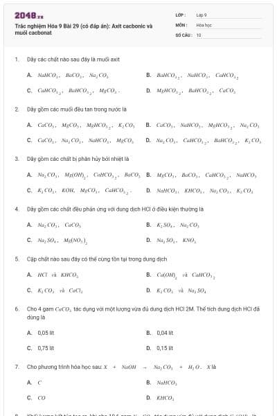 Trắc nghiệm Hóa 9 Bài 29 (có đáp án): Axit cacbonic và muối cacbonat
