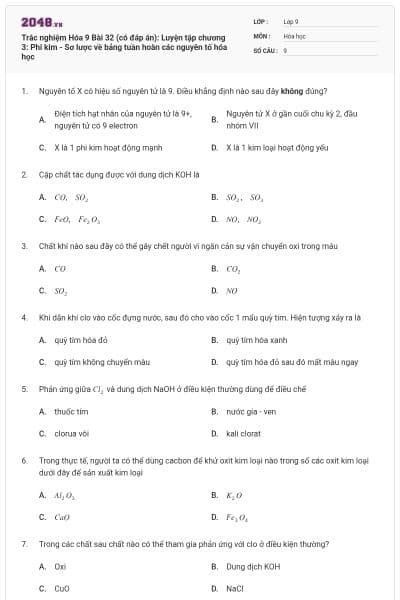 Trắc nghiệm Hóa 9 Bài 32 (có đáp án): Luyện tập chương 3: Phi kim - Sơ lược về bảng tuần hoàn các nguyên tố hóa học