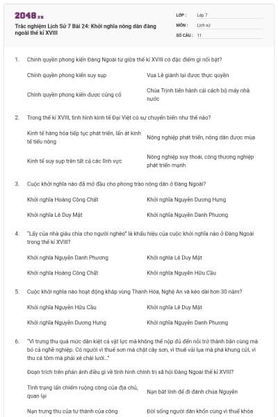 Trắc nghiệm Lịch Sử 7 Bài 24: Khởi nghĩa nông dân đàng ngoài thế kỉ XVIII