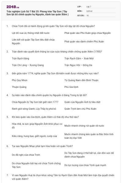 Trắc nghiệm Lịch Sử 7 Bài 25: Phong trào Tây Sơn ( Tây Sơn lật đổ chính quyền họ Nguyễn, đánh tan quân Xiêm )