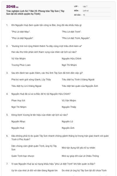 Trắc nghiệm Lịch Sử 7 Bài 25: Phong trào Tây Sơn ( Tây Sơn lật đổ chính quyền họ Trịnh)