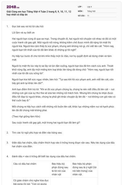 Giải Cùng em học Tiếng Việt 4 Tuần 2 trang 8, 9, 10, 11, 12 hay nhất có đáp án