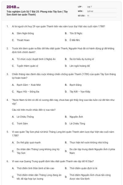 Trắc nghiệm Lịch Sử 7 Bài 25: Phong trào Tây Sơn ( Tây Sơn đánh tan quân Thanh)