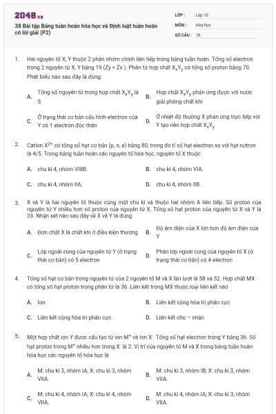 38 Bài tập Bảng tuần hoàn hóa học và Định luật tuần hoàn có lời giải (P2)