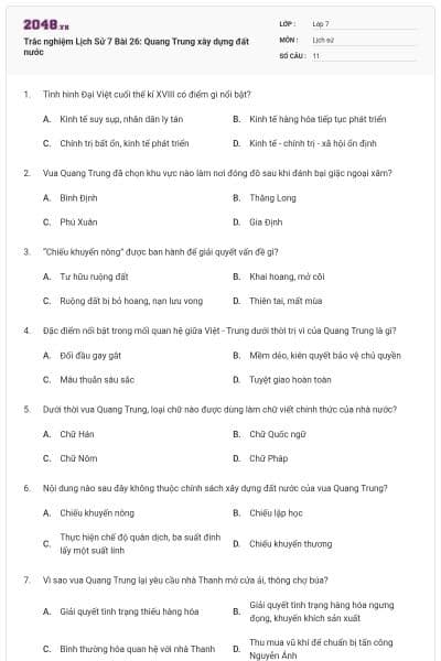Trắc nghiệm Lịch Sử 7 Bài 26: Quang Trung xây dựng đất nước