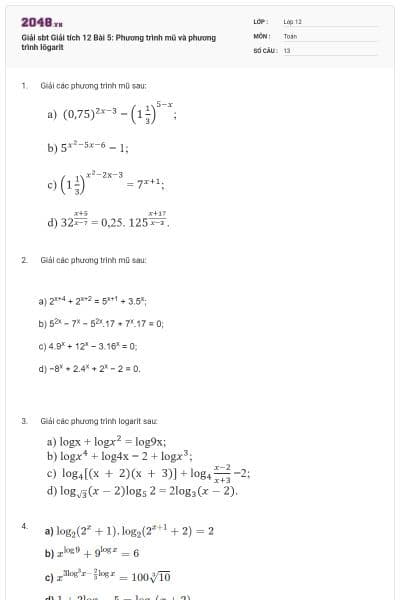 Giải sbt Giải tích 12 Bài 5: Phương trình mũ và phương trình lôgarit