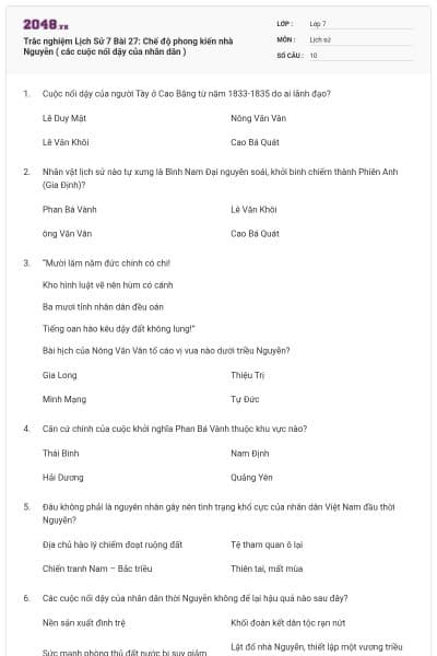 Trắc nghiệm Lịch Sử 7 Bài 27: Chế độ phong kiến nhà Nguyễn ( các cuộc nổi dậy của nhân dân )