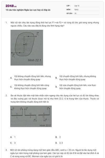 10 câu trắc nghiệm Ngẫu lực cực hay có đáp án