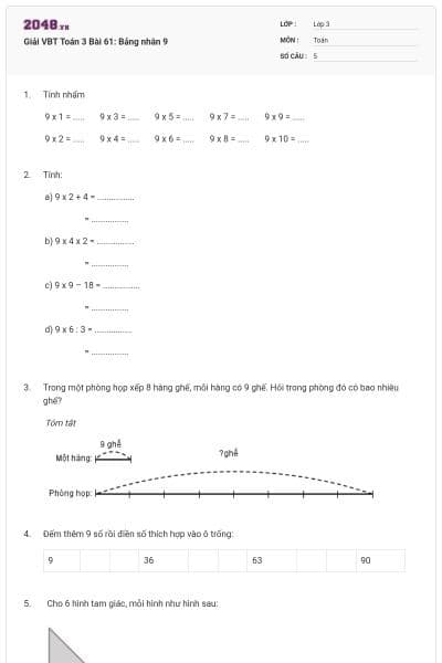 Giải VBT Toán 3 Bài 61: Bảng nhân 9