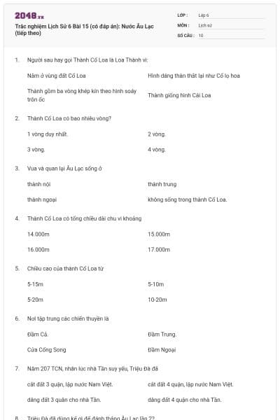 Trắc nghiệm Lịch Sử 6 Bài 15 (có đáp án): Nước Âu Lạc (tiếp theo)