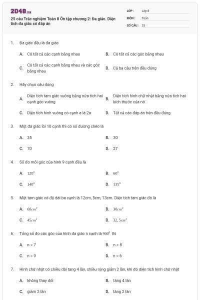 25 câu Trắc nghiệm Toán 8 Ôn tập chương 2: Đa giác. Diện tích đa giác có đáp án