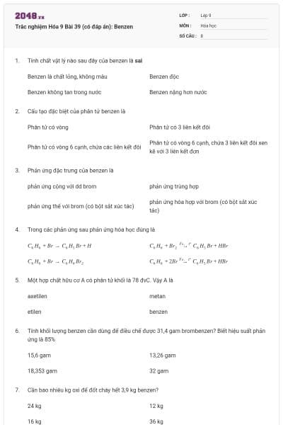 Trắc nghiệm Hóa 9 Bài 39 (có đáp án): Benzen