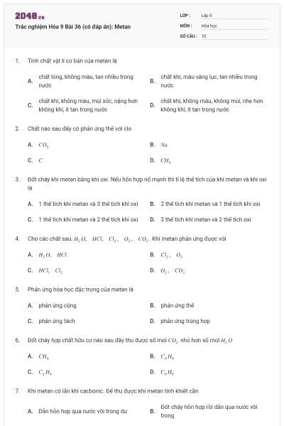 Trắc nghiệm Hóa 9 Bài 36 (có đáp án): Metan