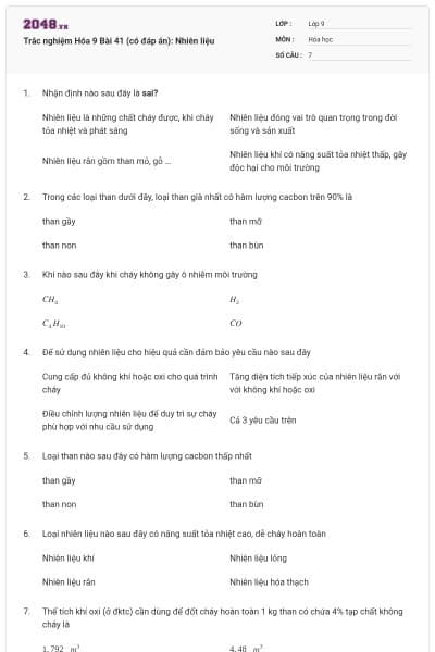 Trắc nghiệm Hóa 9 Bài 41 (có đáp án): Nhiên liệu