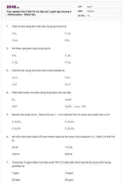 Trắc nghiệm Hóa 9 Bài 42 (có đáp án): Luyện tập chương 4 : Hiđrocacbon - Nhiên liệu