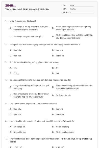 Trắc nghiệm Hóa 9 Bài 41 (có đáp án): Nhiên liệu