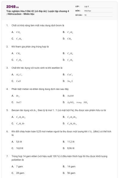 Trắc nghiệm Hóa 9 Bài 42 (có đáp án): Luyện tập chương 4 : Hiđrocacbon - Nhiên liệu