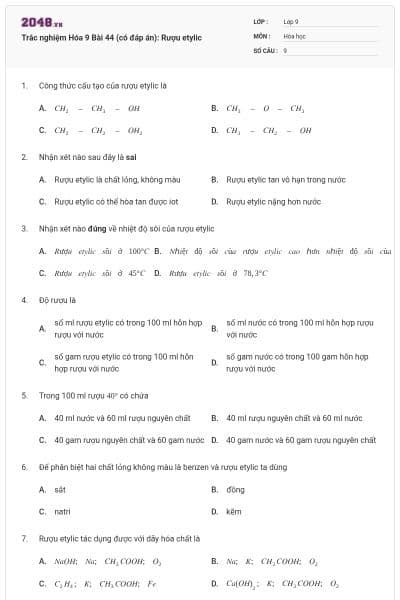 Trắc nghiệm Hóa 9 Bài 44 (có đáp án): Rượu etylic