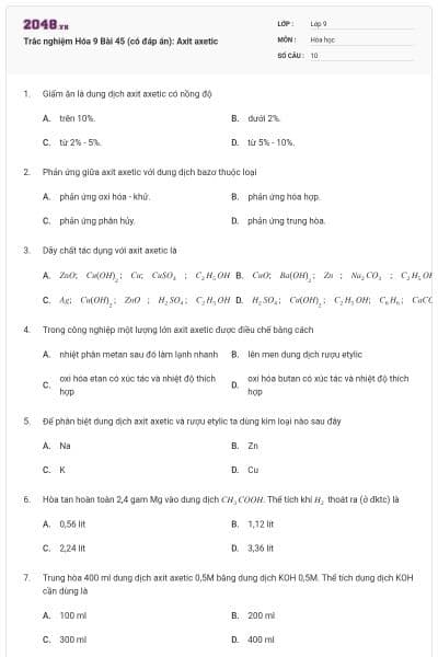 Trắc nghiệm Hóa 9 Bài 45 (có đáp án): Axit axetic