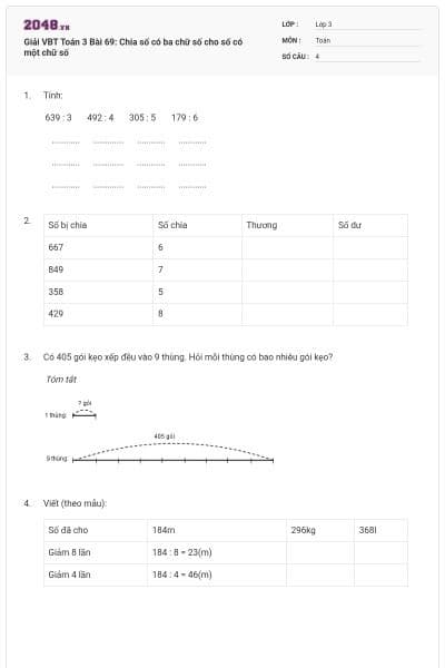 Giải VBT Toán 3 Bài 69: Chia số có ba chữ số cho số có một chữ số