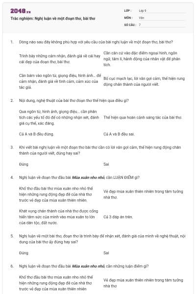 Trắc nghiệm: Nghị luận về một đoạn thơ, bài thơ