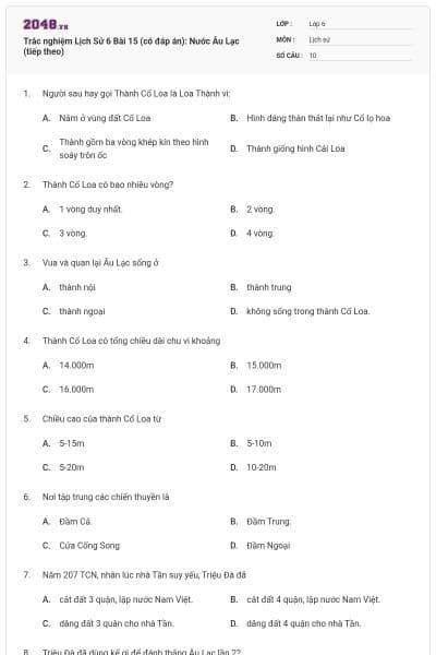 Trắc nghiệm Lịch Sử 6 Bài 15 (có đáp án): Nước Âu Lạc (tiếp theo)