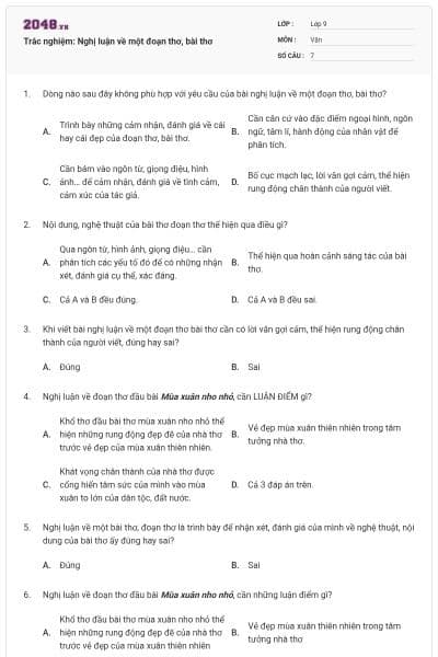 Trắc nghiệm: Nghị luận về một đoạn thơ, bài thơ
