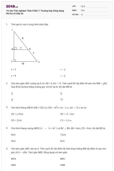 16 câu Trắc nghiệm Toán 8 Bài 7: Trường hợp đồng dạng thứ ba có đáp án
