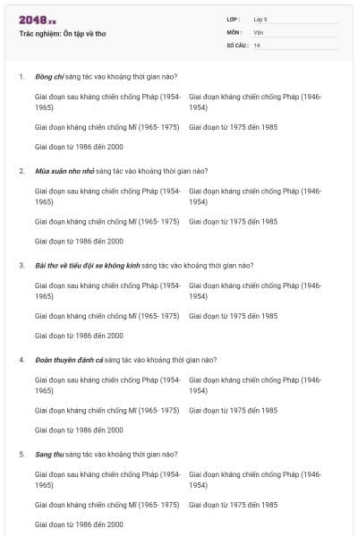 Trắc nghiệm: Ôn tập về thơ