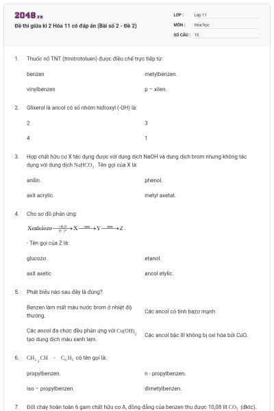 Đề thi giữa kì 2 Hóa 11 có đáp án (Bài số 2 - Đề 2)