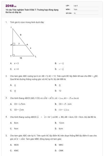 16 câu Trắc nghiệm Toán 8 Bài 7: Trường hợp đồng dạng thứ ba có đáp án