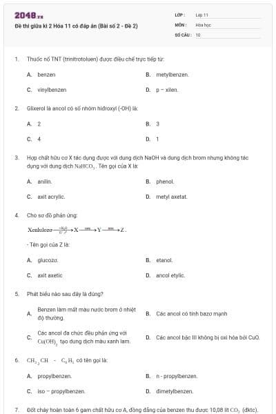 Đề thi giữa kì 2 Hóa 11 có đáp án (Bài số 2 - Đề 2)