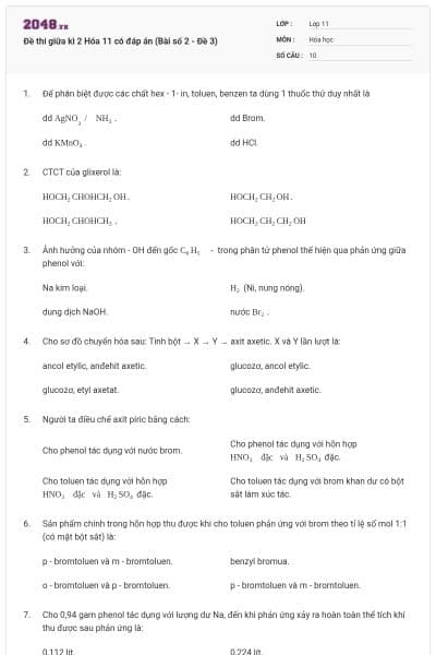 Đề thi giữa kì 2 Hóa 11 có đáp án (Bài số 2 - Đề 3)