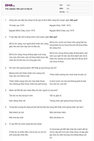 Trắc nghiệm: Bến quê có đáp án