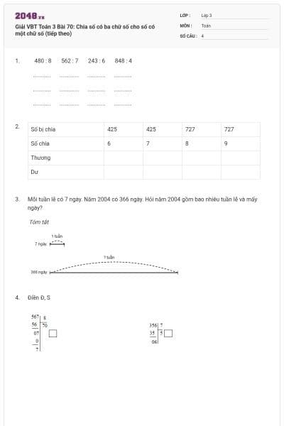 Giải VBT Toán 3 Bài 70: Chia số có ba chữ số cho số có một chữ số (tiếp theo)